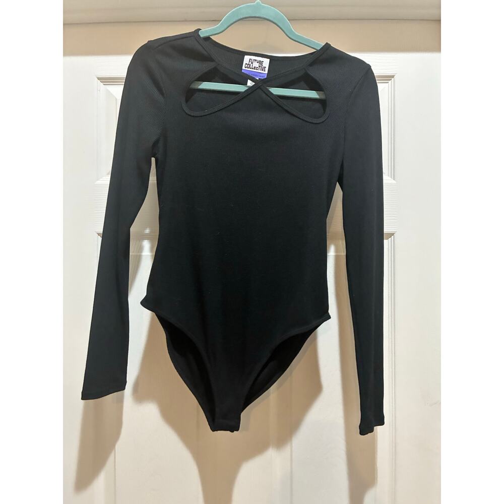 Future Collective Women's Small Long Sleeve Black Ribbed Bodysuit